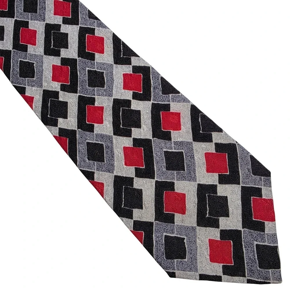 Hubert Milano Geometric Silk Tie Red Black‎ Gray Men's Luxury Italian Made